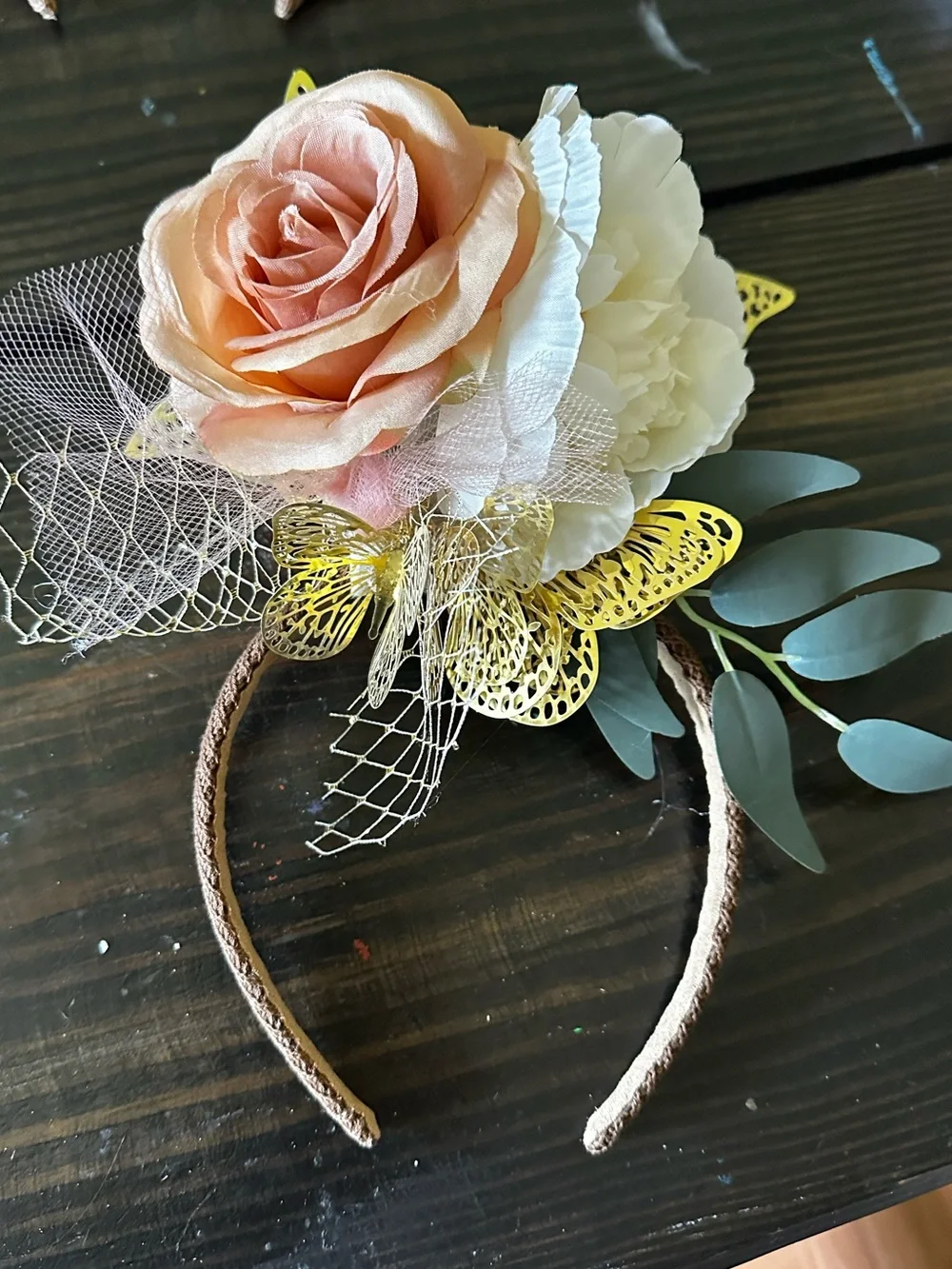 Peach and Ivory Floral Headband Fascinator with Gold Butterfly Accents